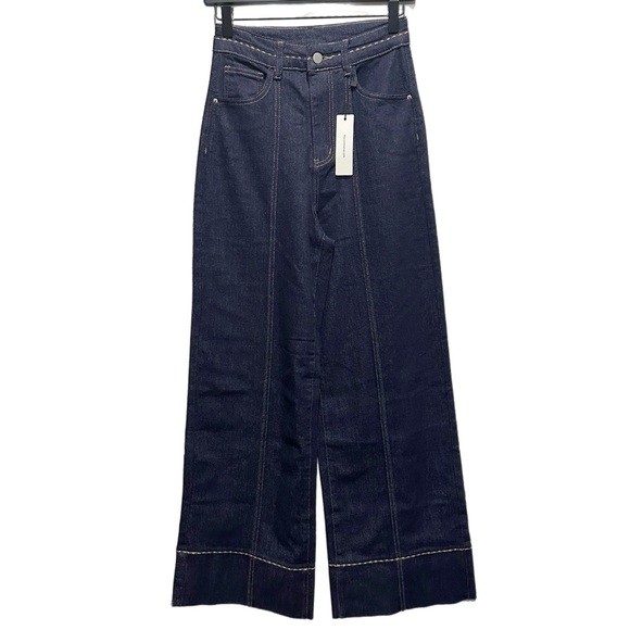 Commense Wide Leg Contrast Stitching High Rise Dark Wash Blue Denim Jeans XS - Picture 7 of 8